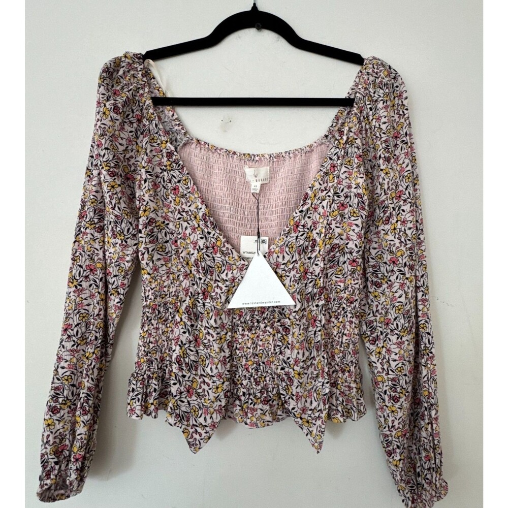 Lost + Wander Floral Smocked Blouse XS Cottagecore Peasant Top Boho